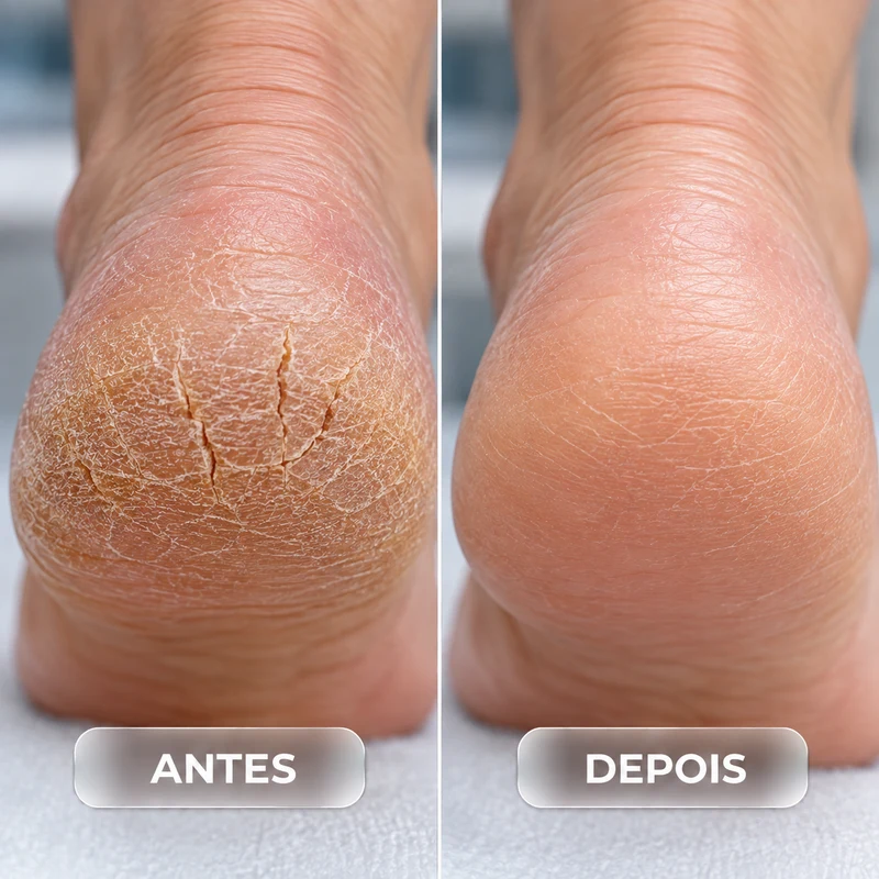 Comparação ilustrativa do calcanhar antes e depois do cuidado, com as duas etapas lado a lado.