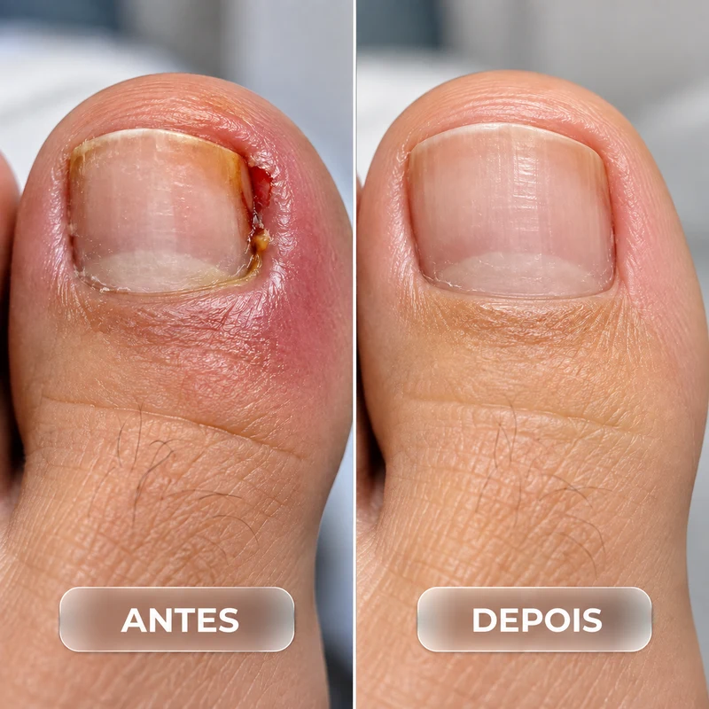 Comparação ilustrativa de unha do dedão antes e depois do cuidado, com as duas etapas lado a lado.